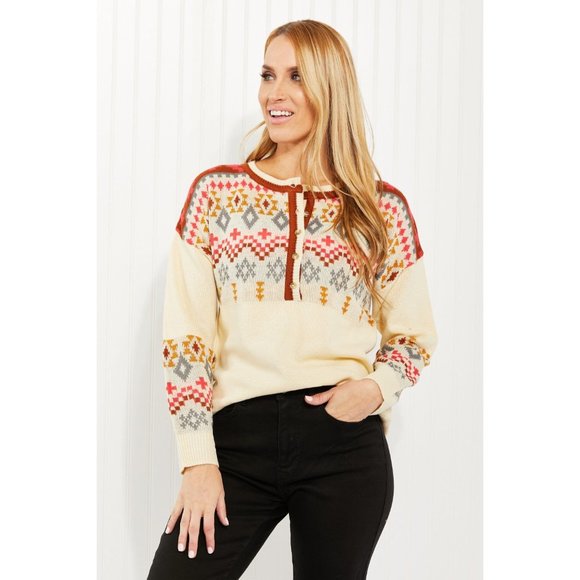 Andree by Unit Full Size Geometric Half-Button Henley Sweater - Picture 3 of 9